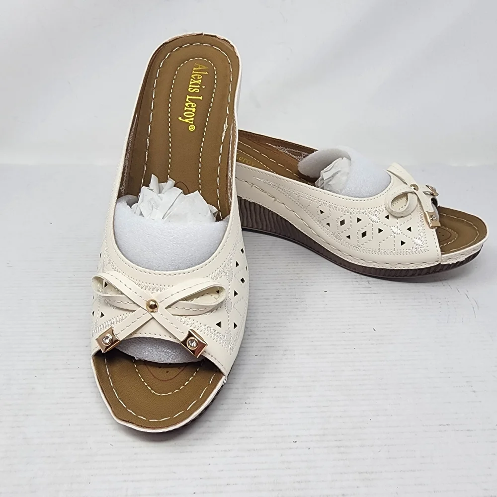 White Cream‎ Cutout Wedge Slides Sandals Bow Detail Comfort Size 10